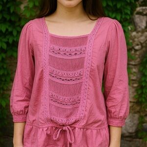 NAF NAF Rose Pink Embellished Peasant Blouse, M